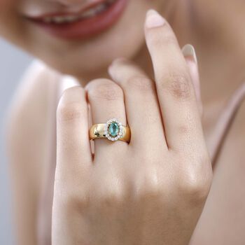 AAA Smaragd, wei&szlig;er Zirkon Ring, 925 Silber Gelbgold Vermeil (Gr&ouml;&szlig;e 19.00) ca. 0.74 ct