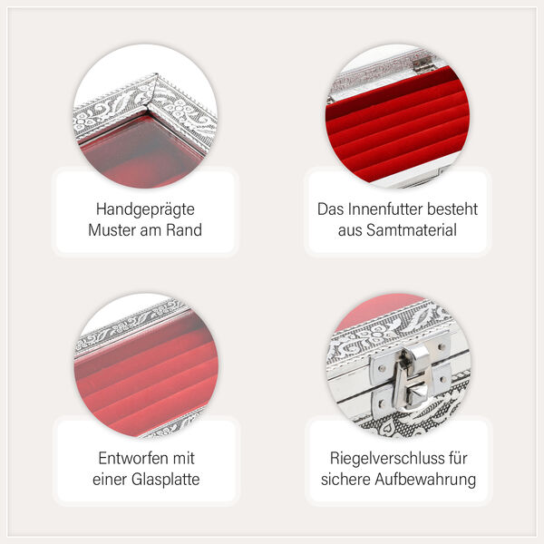 Handgefertigte Ringbox aus Aluminium mit Blumenmuster und Kratzschutzfutter in Rot image number 5