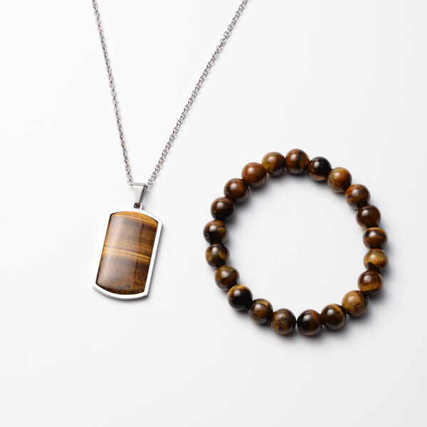 2er- Set Tigerauge flexibel Armband und Anh&auml;nger mit Kette ca. 60 cm in Edelstahl image number 0