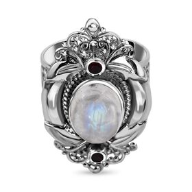 Royal Bali Kollektion - Regenbogen-Mondstein, roter Granat Ring, 925 Silber (Größe 19.00) ca. 7.12 ct