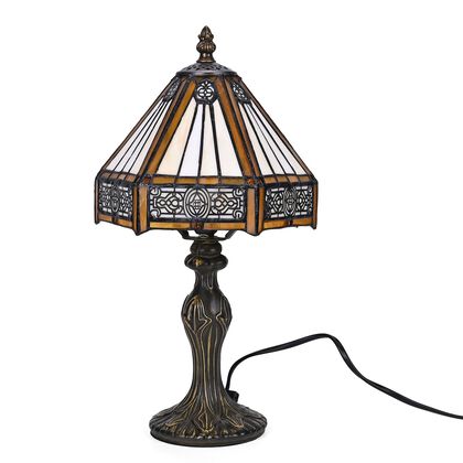Art Deco Lampe im Tiffany-Stil, handgefertigt aus Buntglas und Zink, Kathedrale, 20 x 20 x 37 cm, Braun