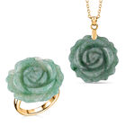 2er Set - Handgeschnitzter Grüner Aventurin Anhänger mit Kette und Ring (Größe 16.00), goldfarben, ca. 30.00 ct