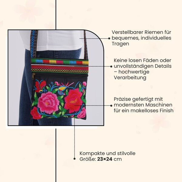 Crossbody-Tasche mit floraler Stickerei, ethnischem Boho-Muster, 23×24 cm, Schwarz-Bunt image number 3
