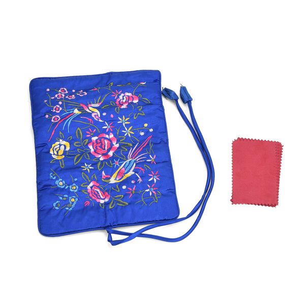 Reise-Schmuckrolle mit Stickmuster 1 Organizer + 5 Silberputzt&uuml;cher, Satin,  Blau image number 2