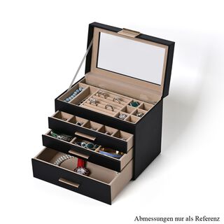 Schmuckkästchen mit 4 Ebenen und Glasfenster, PU-Leder, ca. 25x22x15 cm, Schwarz