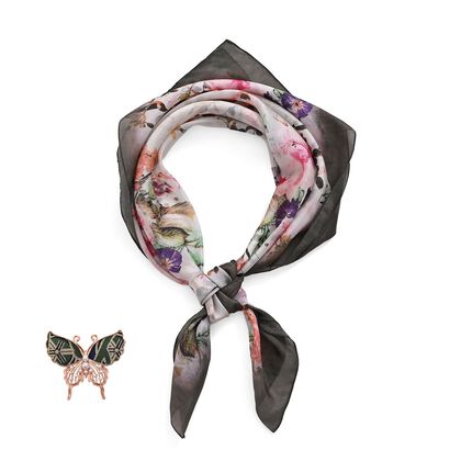 LA MAREY Signature - Seiden-Foulard aus 100% Maulbeerseide und Schmetterling-Seidenbrokat-Brosche, 110x110 cm, Grau