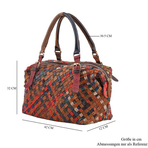 CHAOS BY ELSIE - Gewobene Umh&auml;ngetasche aus echtem Leder, 25x10x21 cm, Karomuster, Orange image number 7