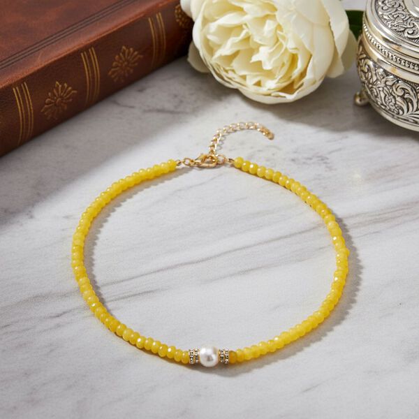 Muschelkernperle (9-11 mm) Halskette mit Gelbem Quarzit, verstellbar ca. 40.5 cm +10 cm Extender, goldfarben image number 2