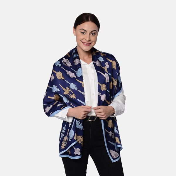 LA MAREY: Bedruckter Schal aus 100% Maulbeerseide, Laternenmuster, inkl.  Geschenkbox, Dunkelblau&nbsp;