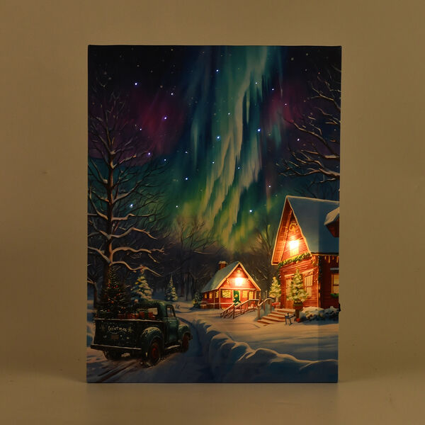 LED-Leinwandbild Winterlandschaft mit Polarlicht, mit 2 warmwei&szlig;en LEDs und 30 Lichtfasern, 30x40x1,8cm, Mehrfarbig image number 2