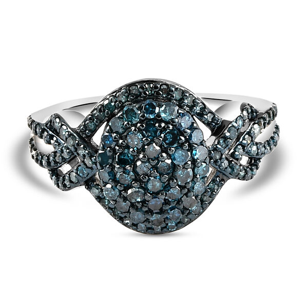 Blauer Diamant Cluster-Halo-Ring in Silber