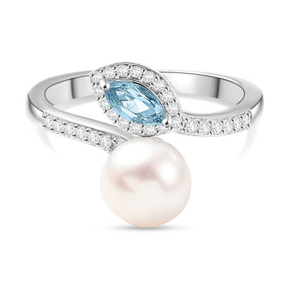 EVER TRUE S&uuml;&szlig;wasser Perle (7-7.5 mm), Himmelblauer Topas Ring Nickelfreies Messing (Gr&ouml;&szlig;e 17.00)