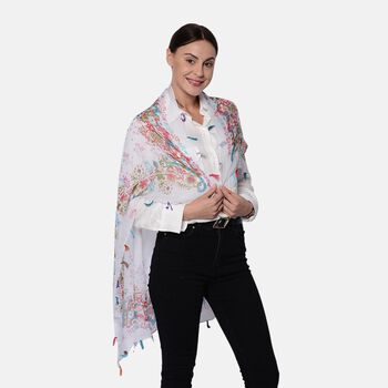 Bedruckter Schal mit Quasten, 100x95 cm, Wei&szlig;