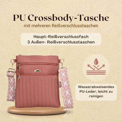 Crossbody-Tasche mit mehreren Rei&szlig;verschlussf&auml;chern, gemustertem Schulterriemen, 23x26 cm, Altrosa