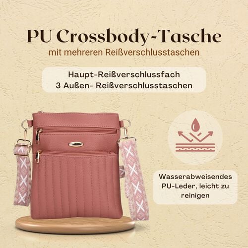Crossbody-Tasche mit mehreren Reißverschlussfächern, gemustertem Schulterriemen, 23x26 cm, Schwarz