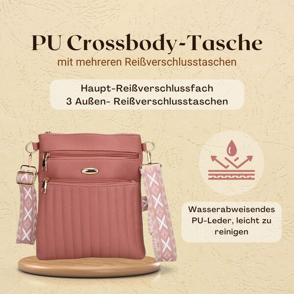 Crossbody-Tasche mit mehreren Rei&szlig;verschlussf&auml;chern, gemustertem Schulterriemen, 23x26 cm, Beige