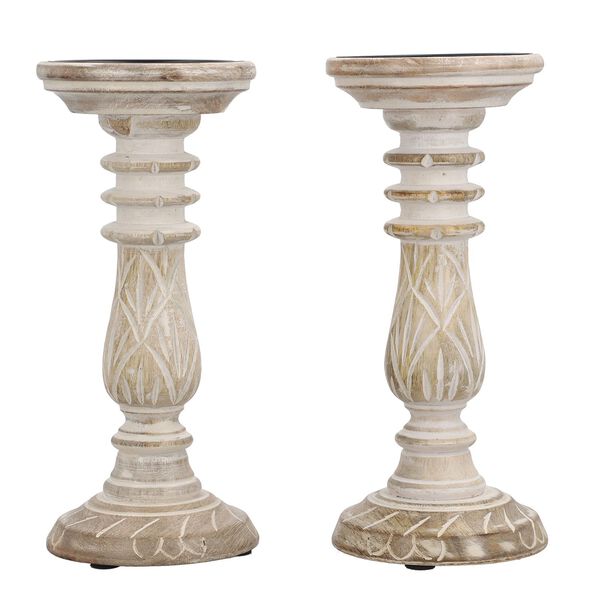 Set aus 2 antiken geschnitzten Holzkerzenhaltern mit rundem Ständer, 23cm, Altweiß image number 4