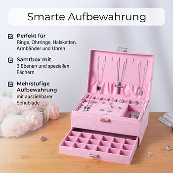 3-schichtige Schmuckbox aus Samt mit 5 Silberputzt&uuml;chern in Rosa, 24,5x17x11,5cm