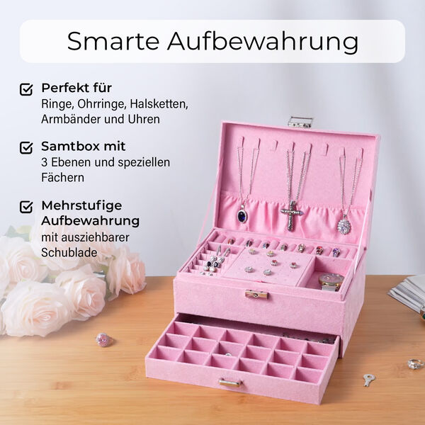 3-schichtige Schmuckbox aus Samt mit 5 Silberputztüchern in Rosa, 24,5x17x11,5cm image number 3