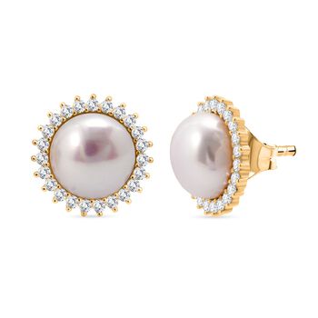 S&uuml;&szlig;wasser Perle (10 mm), Wei&szlig;er Zirkonia Ohrringe 925 Silber vergoldet