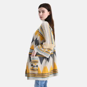 Cardigan mit grafischem Rautenmuster und Taschen, Einheitsgröße, Sonnengelb
