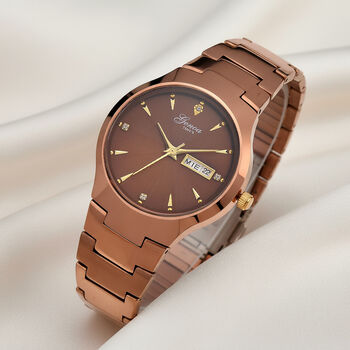 GENOA TIME V2 Uhr mit Japanischem VJ33 Quarzwerk, 36 mm, Zifferblatt mit Kristallen und Datumsanzeige, Armband aus Wolframstahl, 3 ATM wasserdicht, Coffee-Braun