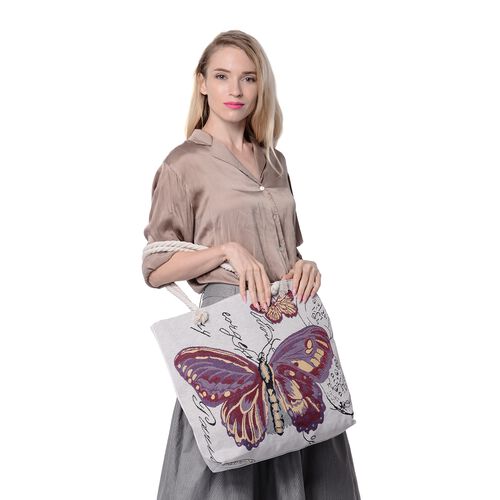 Jute Handtasche, Schmetterling Muster, Größe 40x349x36 cm, Off-White image number 1