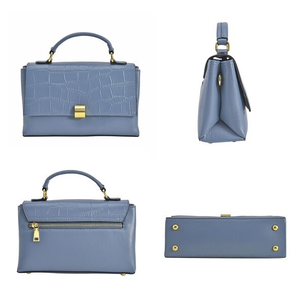 Cabrio Handtasche mit Krokoprägung aus echtem Leder, 25x8x15 cm, Blau image number 3