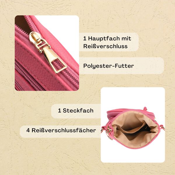 Crossbody-Tasche mit mehreren Rei&szlig;verschlussf&auml;chern und gemustertem Gurt, 19x22cm, Rosa image number 2