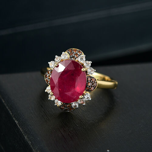 Afrikanischer Rubin (Fissure gefüllt), Weißer Zirkon Ring 925 Silber 750 Gelbgold Vermeil (Größe 17.00) (10-15 Werktage Lieferzeit) ca. 7.69 ct image number 1