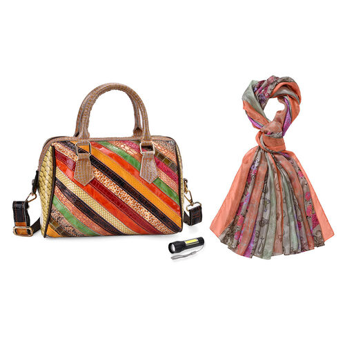 Chaos by Elsie Echtleder Streifenmuster Crossbody Tasche mit RFID-Schutz und Mini-Taschenlampe und LA MAREY Schal aus 100% Maulbeerseide image number 0
