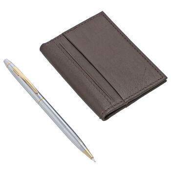 2er-Set, Kreditkartenetui aus echtem Leder mit RFID Schutz und Kugelschreiber, Braun