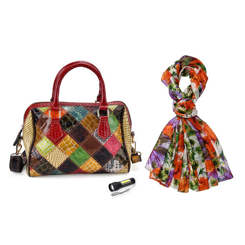 Chaos by Elsie Echtleder Crossbody Tasche im Rautenmuster mit RFID-Schutz und Mini-Taschenlampe und LA MAREY Schal aus 100% Maulbeerseide image number 0