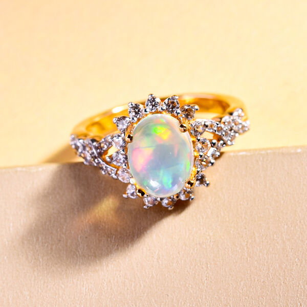Natürlicher, äthiopischer Opal und weißer Zirkon-Ring, 925 Silber Gelbgold Vermeil  ca. 1,87 ct image number 2
