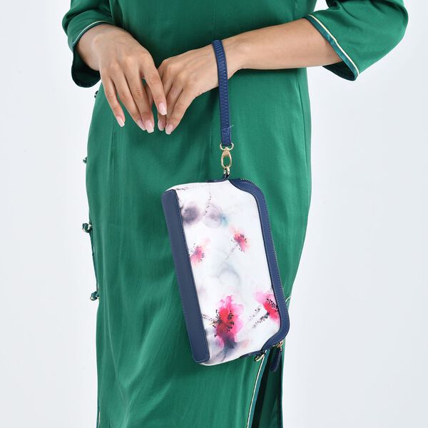 LA MAREY Crossbody Tasche aus 80% Seidenbrokat und 20% Echtleder, Blumenmuster, 24x5.5x14cm, Blau-rosa image number 3