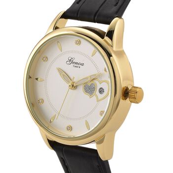 GENOA - Moissanit, Automatik-Armbanduhr mit Herz-Design und Datumsanzeige, Dandong-Uhrwerk, Wei&szlig;es Zifferblatt, Goldfarben, Schwarz Lederarmband, 36 mm