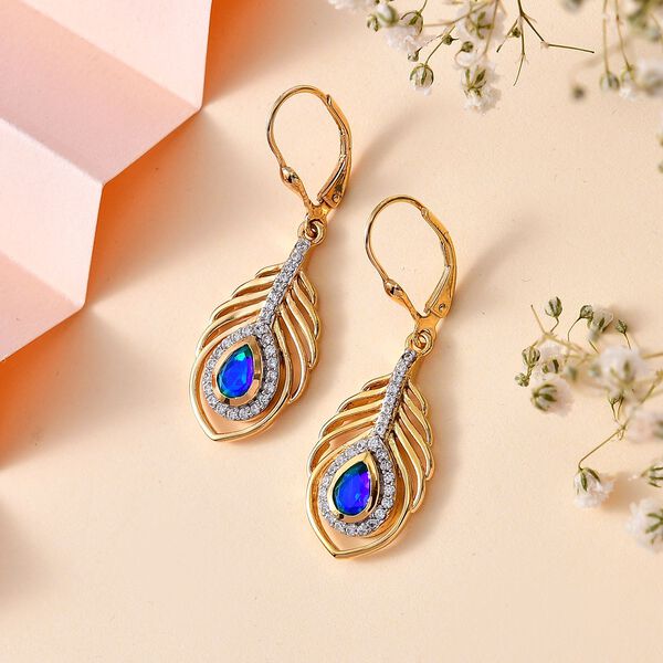 Pfau Quarz Triplette, Weißer Zirkon Ohrringe 925 Silber 750 Gelbgold Vermeil ca. 1.62 ct image number 2