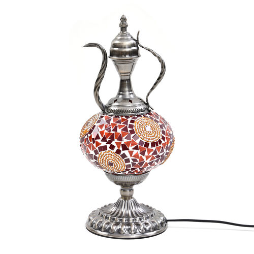 Handgefertigte, orientalische Mosaikglas Tischlampe in Weinkrugform, Größe 18x18x34 cm, Kreise rot image number 0