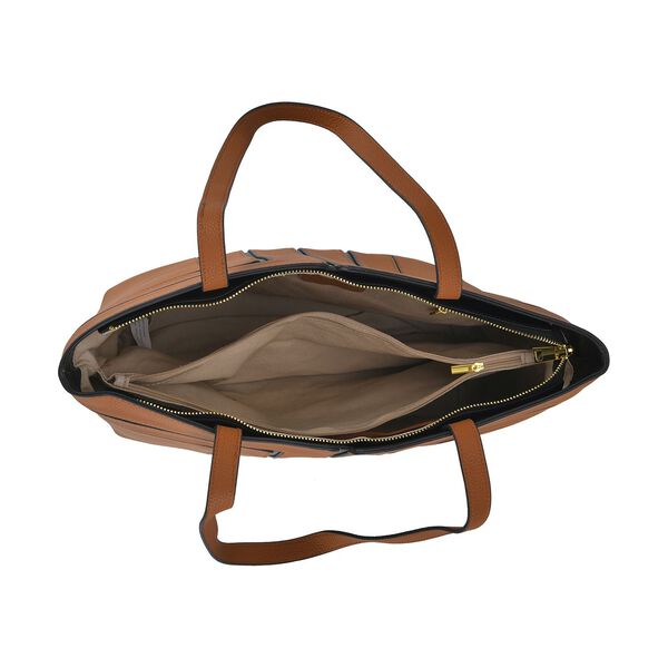 lifestyle-Color:Brown with black size/Profile: Tote bag:wall(exterior);Genuine Leather. Lining(interior):polyester  Pockets(exterior):zipped-1;(interior):Zipped-2 slip-1.Measurement(cm):  L:32*W12*H28cm.Hand strap 27cm Closure Type:zipped.zipped type: Met image number 4