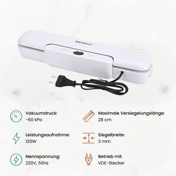 LIVMORE Vakuumierger&auml;t mit Schwei&szlig;- und Vakuumfunktion, inkl. Rollenbeutel und 10 Vakuumbeuteln, Wei&szlig; image number 7