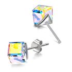 Würfel Kristall Ohrstecker, Irideszierender Glanz, Messing, rhodiniert