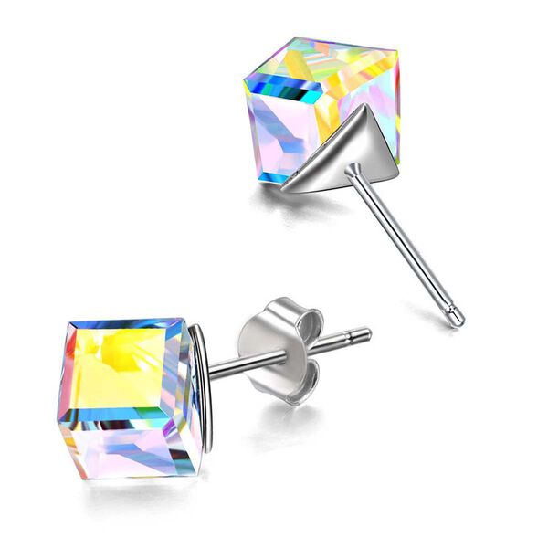 W&uuml;rfel Kristall Ohrstecker, Irideszierender Glanz, Messing, rhodiniert