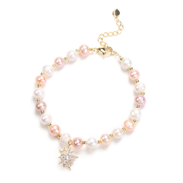 Mehrfarbiges S&uuml;&szlig;wasserzuchtperlen-Armband mit Sternen-Charm, ca. 19 cm lang, Messing