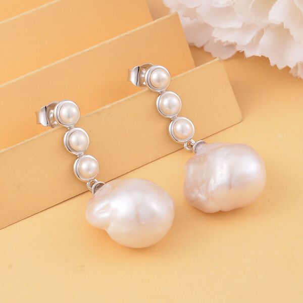 Wei&szlig;e Barockperle, Wei&szlig;e S&uuml;&szlig;wasser Perle Ohrringe, 925 Silber rhodiniert image number 2