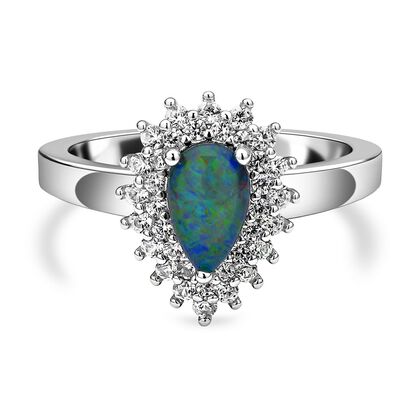 Boulder Opal Triplett und Zirkon-Halo-Ring, 925 Silber rhodiniert, 1,29 ct.