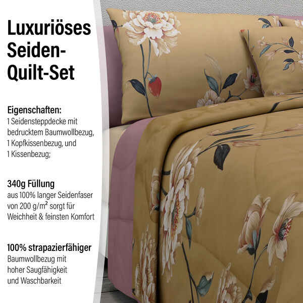 SERENITY NIGHT: 3er-Set - Seidensteppdecke und 2 Kissenbez&uuml;ge, Blumenmuster, Senf und Mauve&nbsp; image number 1