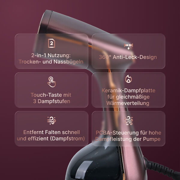 LIVMORE Handdampfgl&auml;tter mit Keramiksohle, 1780W, 32x14x12cm, Kaffeefarbe image number 3