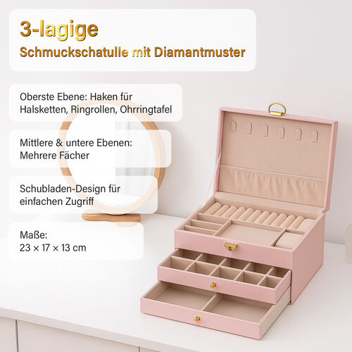 3-lagige Schmuckbox aus PU mit Diamantmuster und 5 Silberputztüchern, Rosa image number 1