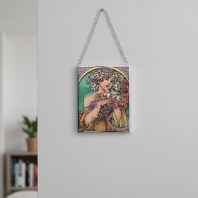Handbemalter Glas Suncatcher mit Kette, silberfarbenem Rahmen, Alphonse Mucha Motiv Fleur, 12x15 cm