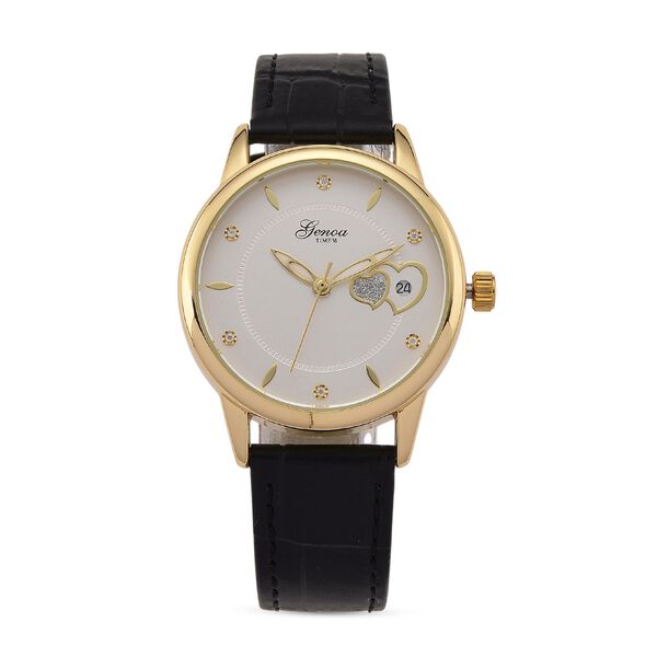 GENOA - Moissanit, Automatik-Armbanduhr mit Herz-Design und Datumsanzeige, Dandong-Uhrwerk, Weißes Zifferblatt, Goldfarben, Schwarz Lederarmband, 36 mm image number 0